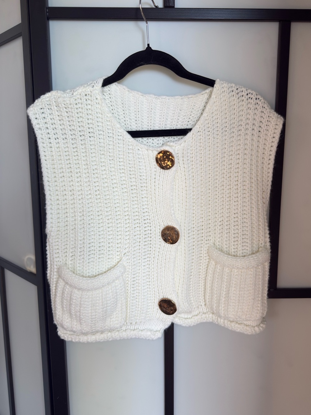 Beige sleeveless with gold button knit sweater
